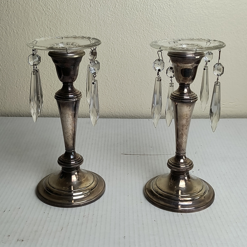 Gorham YC 3032 Silver Plated Candle Holders Crystal Drops VTG -Hollywood Regency